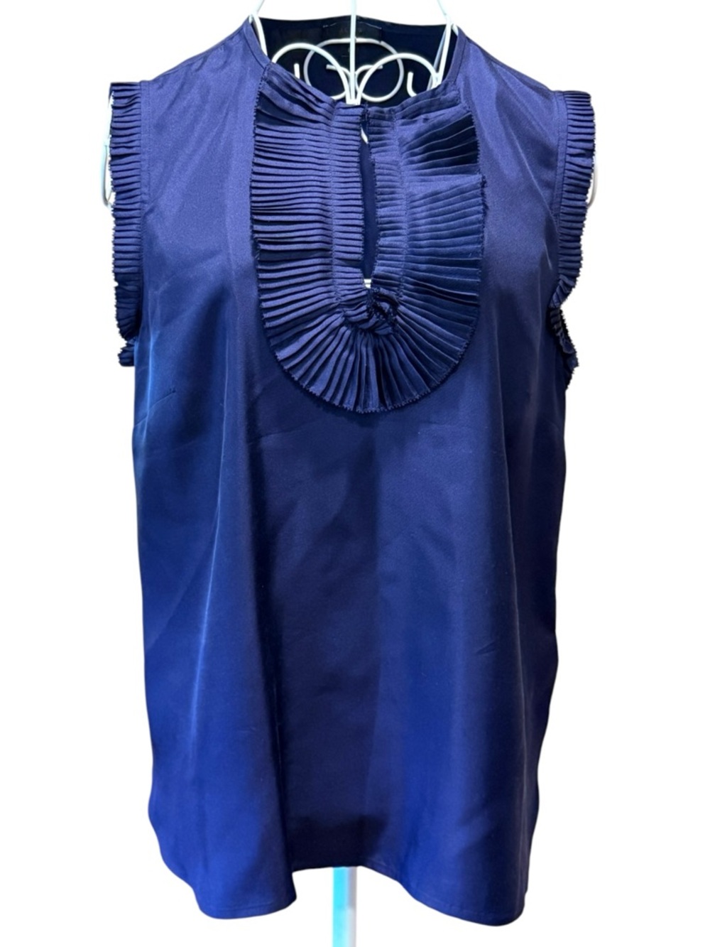 J.Crew Silk Blouse Navy Ruffle Bib Pleated Neckline Sleeveless Size 8